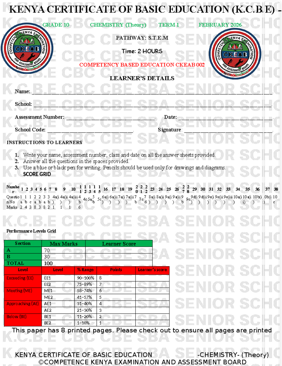 Grade 10 Chemistry (K.C.B.E) Term 1 Exam Paper 2026 - Studocu