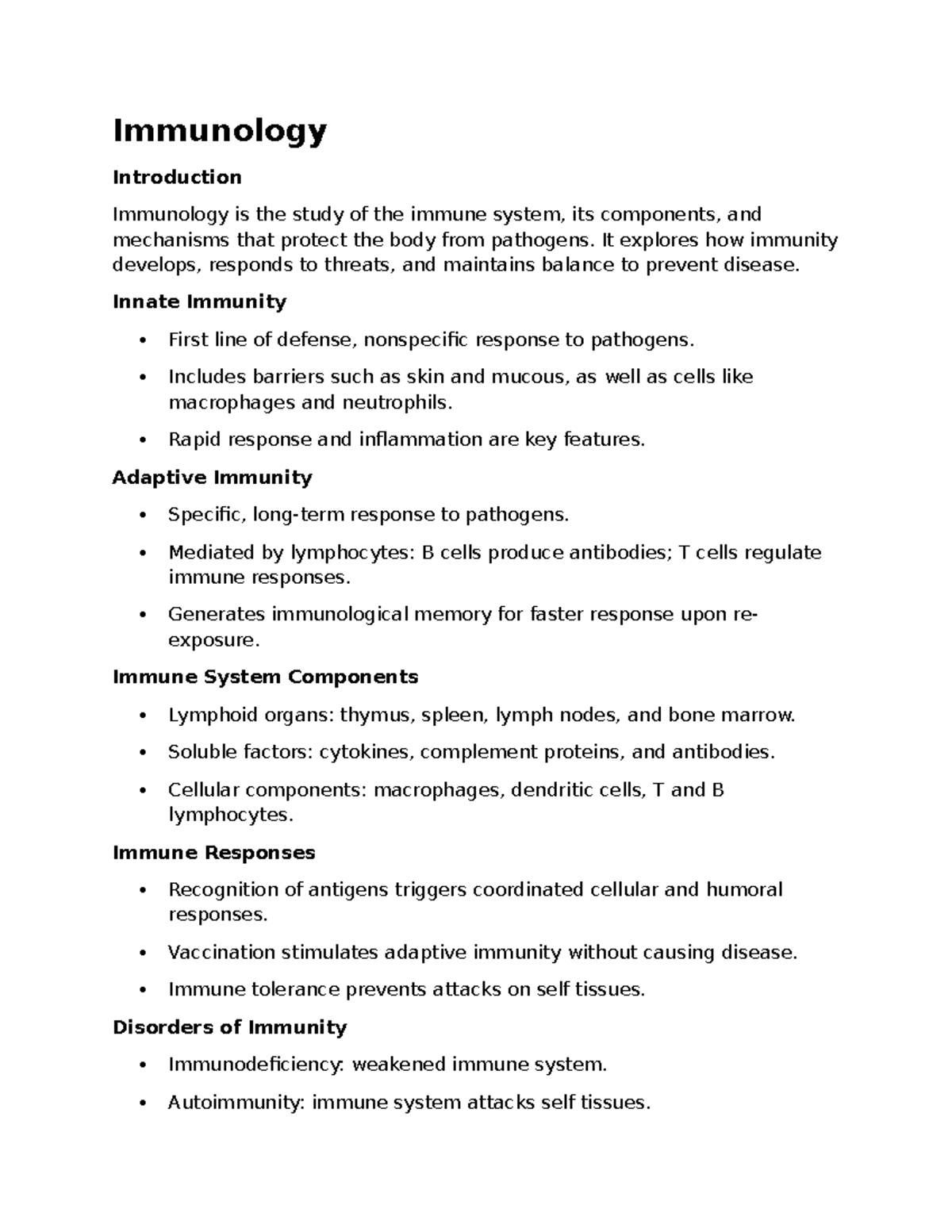 Immunology 101: Overview of Immune System Functions and Disorders - Studocu