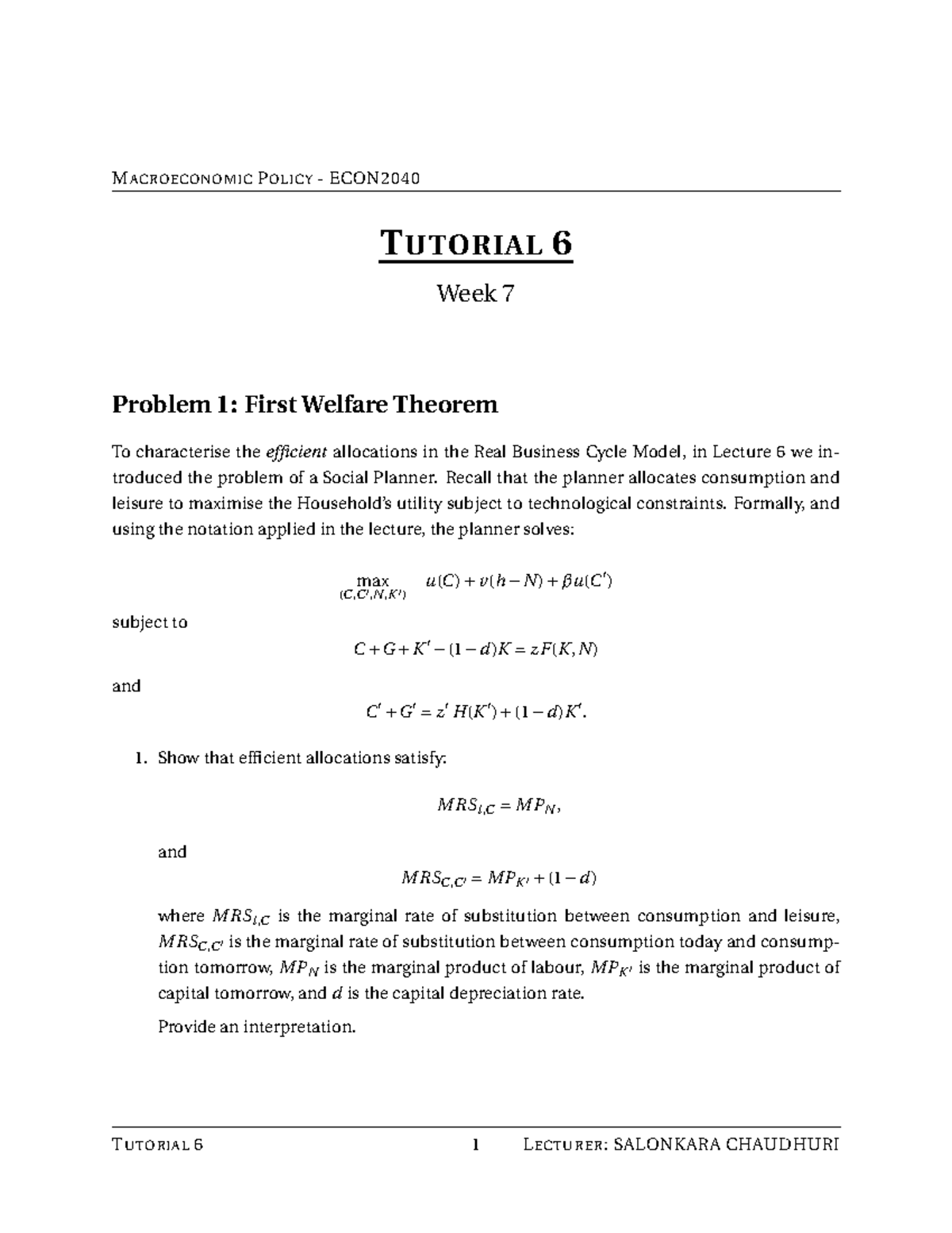 Tutorial 6 Solutions for ECON2040: First Welfare Theorem Analysis - Studocu