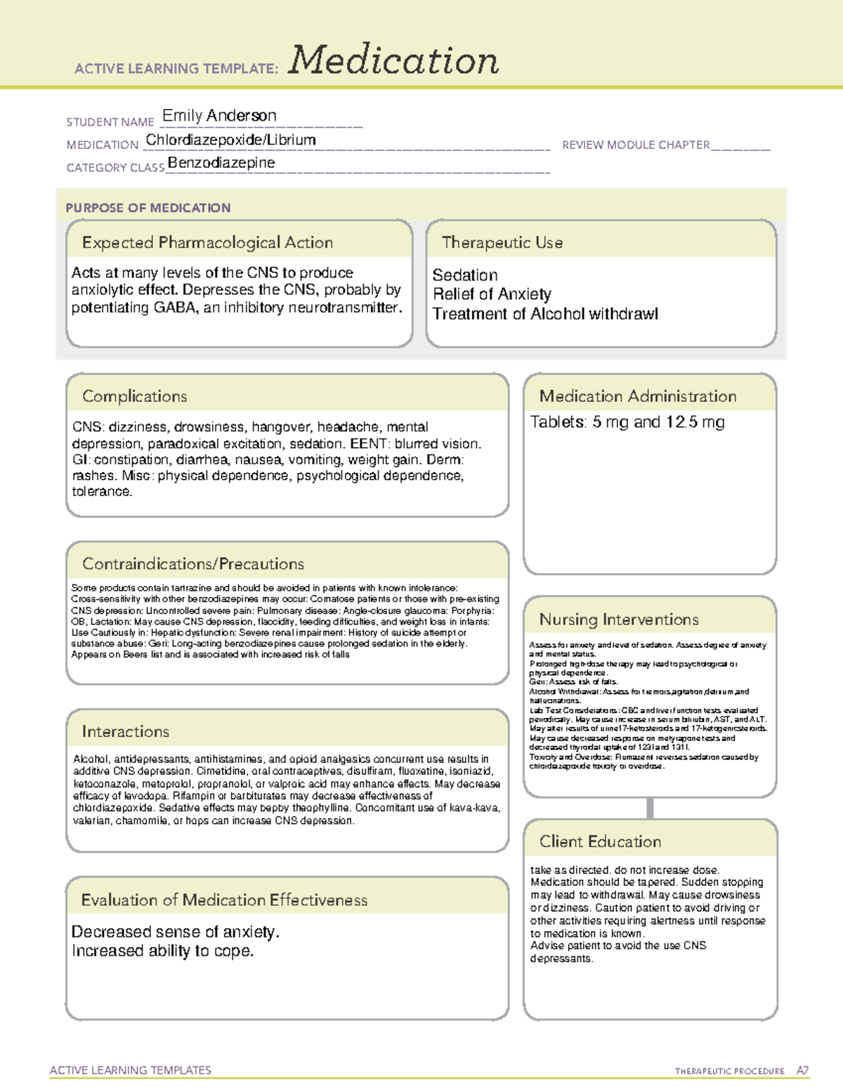 Chlordiazepoxide (Librium) - ATI Medication Sheet Overview - Studocu