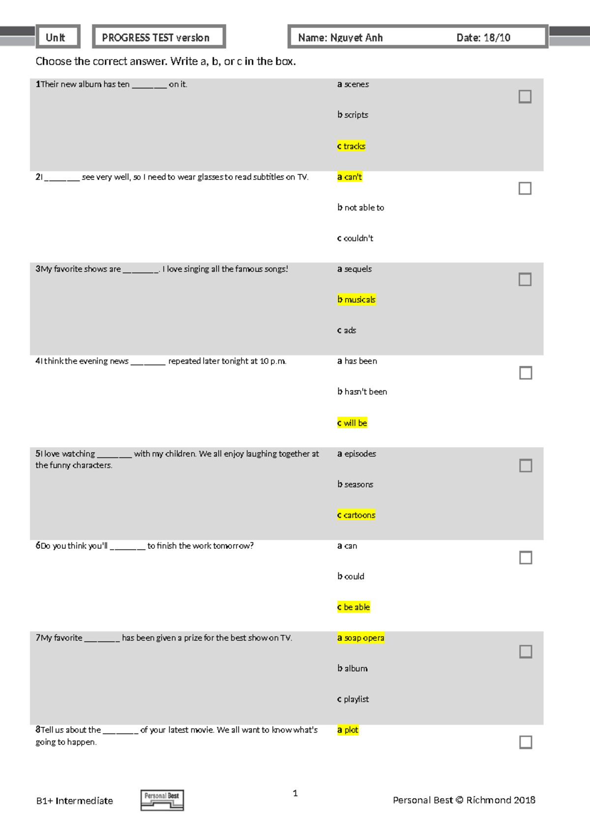 PB Am E B1+ Unit Test U7 Version B - Progress Test Answers - Studocu