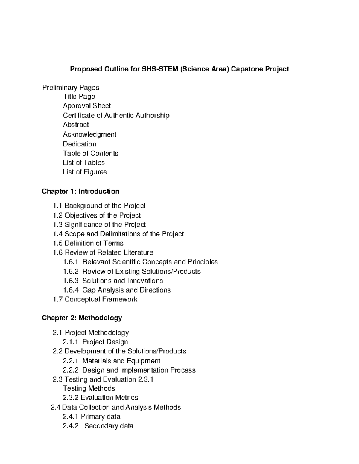 Proposed Outline for SHS-STEM Capstone Project - Studocu