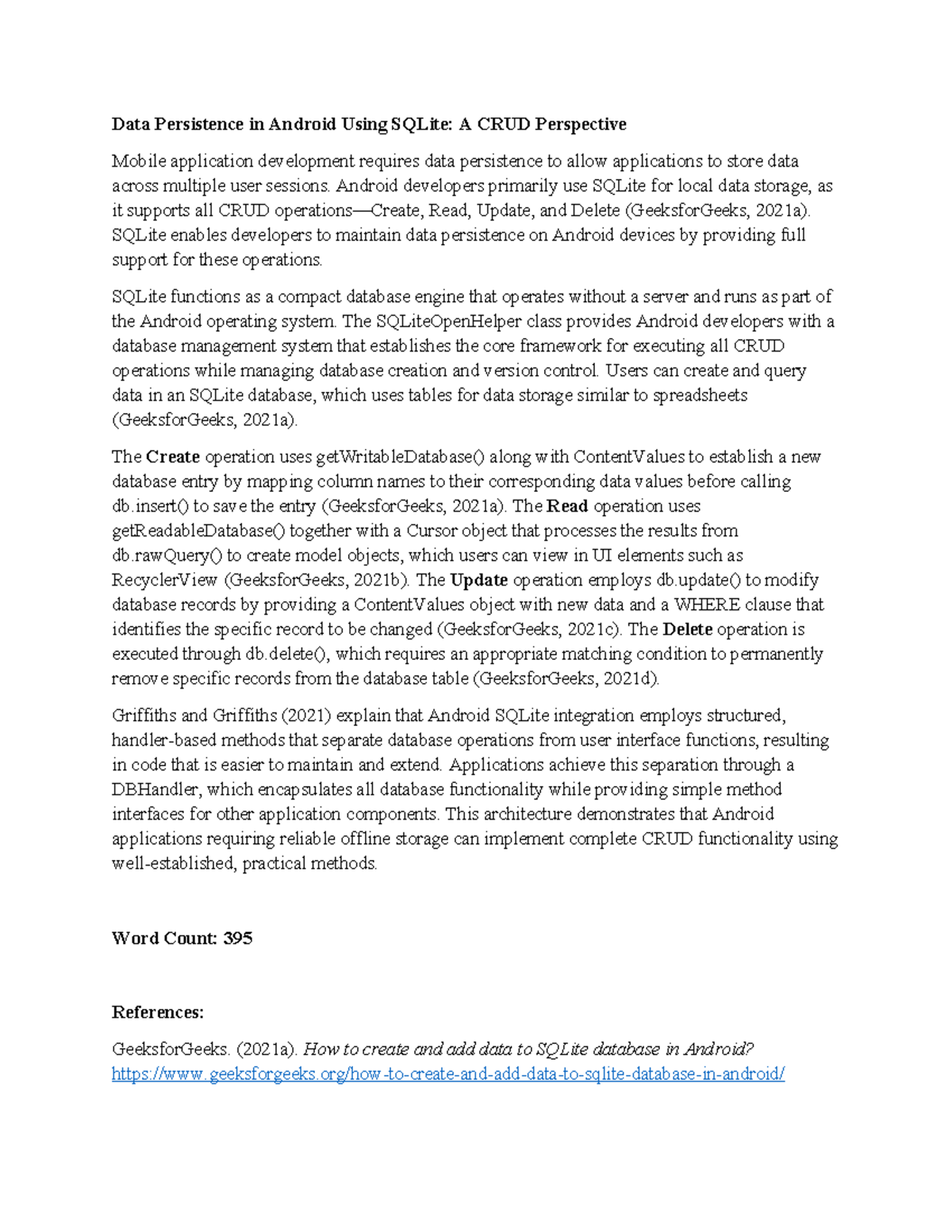 CS 4405-01 Unit 4 Discussion: Data Persistence in Android with SQLite ...