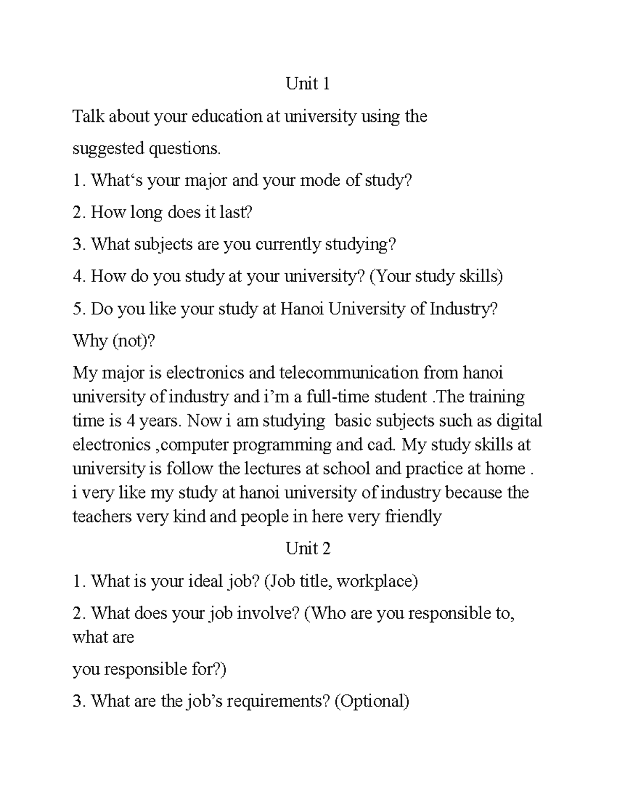Unit 1-4: My Education, Future Job, and Favorite Tools at HUI - Studocu