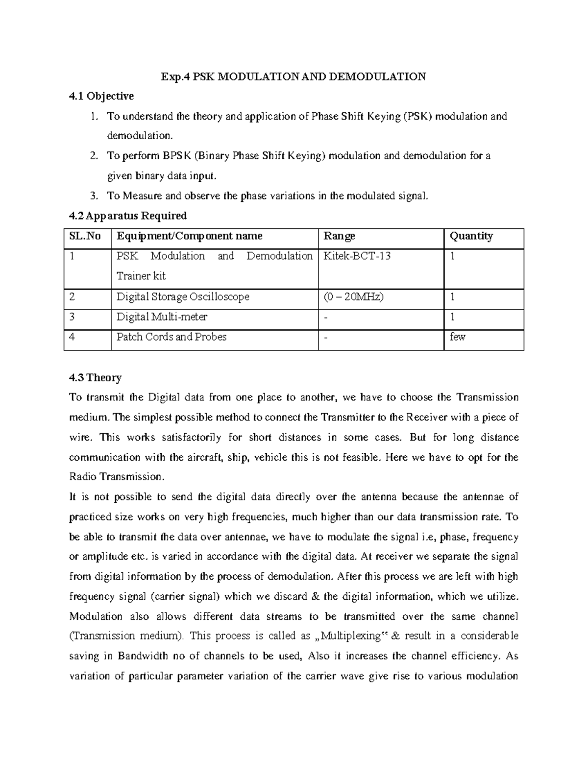 Exp. 4: PSK Modulation & Demodulation - Theory, Procedure ...