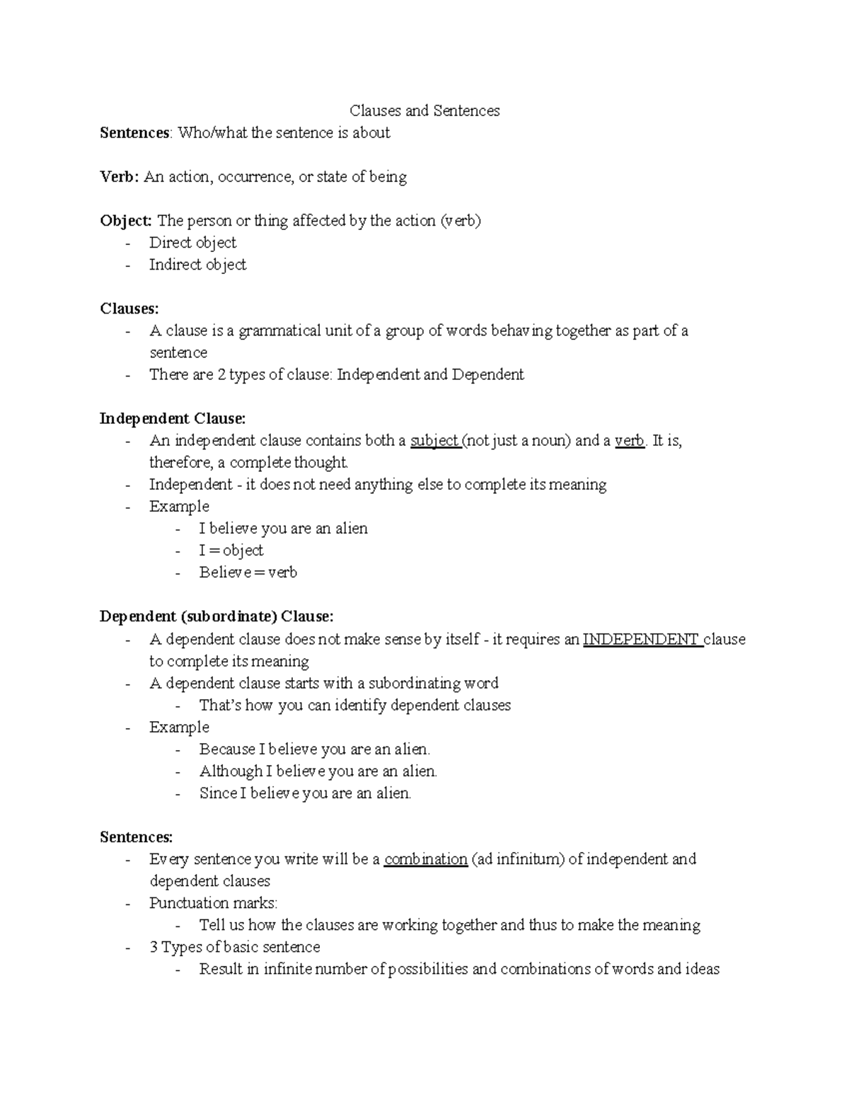 ENG1100 Lecture Notes: Understanding Clauses and Sentences - Studocu