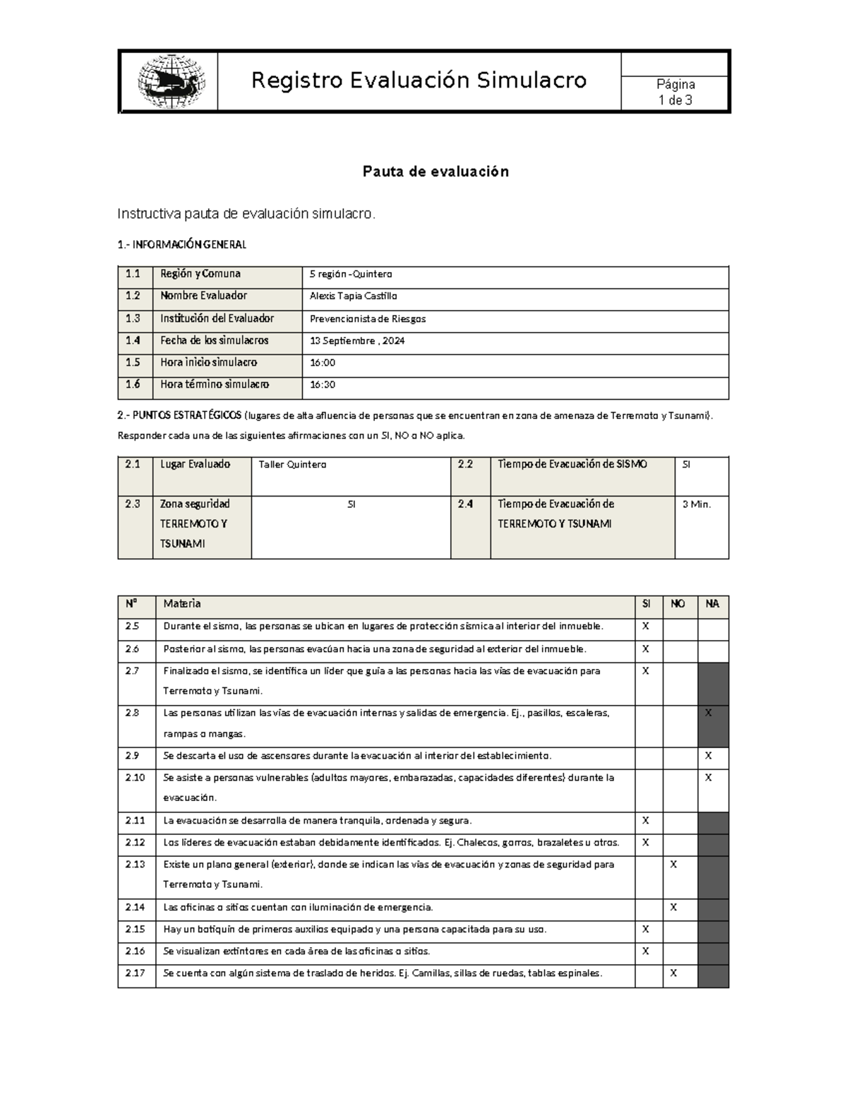 FPS01-18 Registro de Evaluación de Simulacro: Terremoto y Tsunami - Document Preview