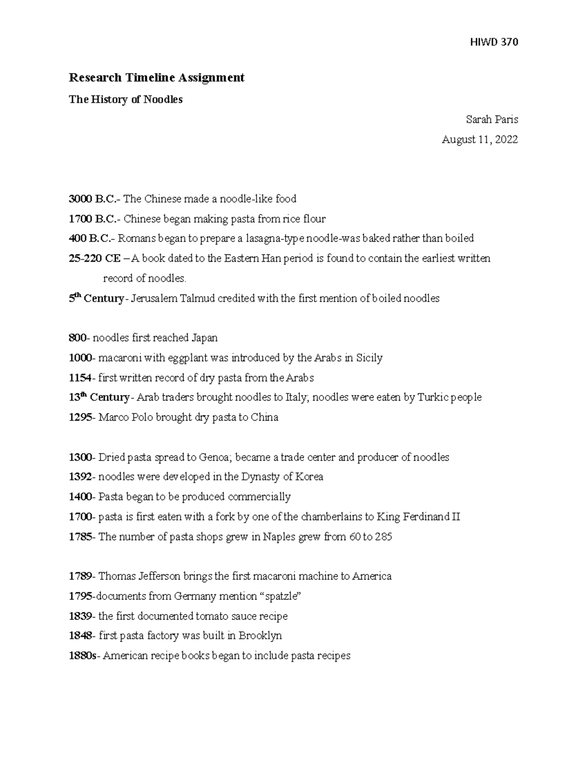 HIWD 370: Comprehensive Research Timeline on Noodles and Pasta - Studocu