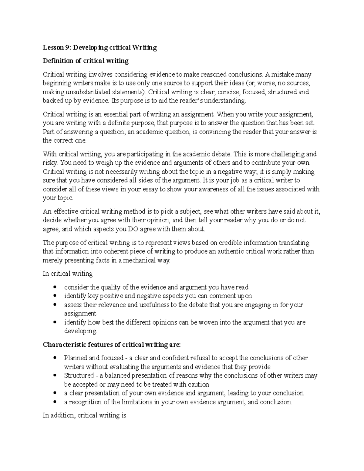 Lesson 9 - Lesson 9: Developing critical Writing Definition of critical ...
