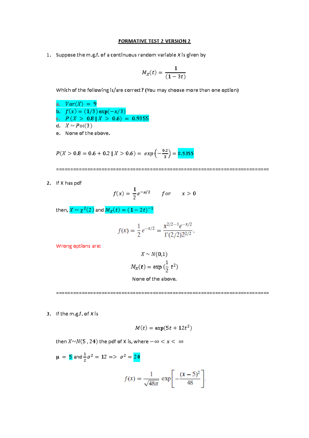 Formative 2 - STAT230 - FORMATIVE TEST 2 VERSION 2 Suppose the m.g. of ...