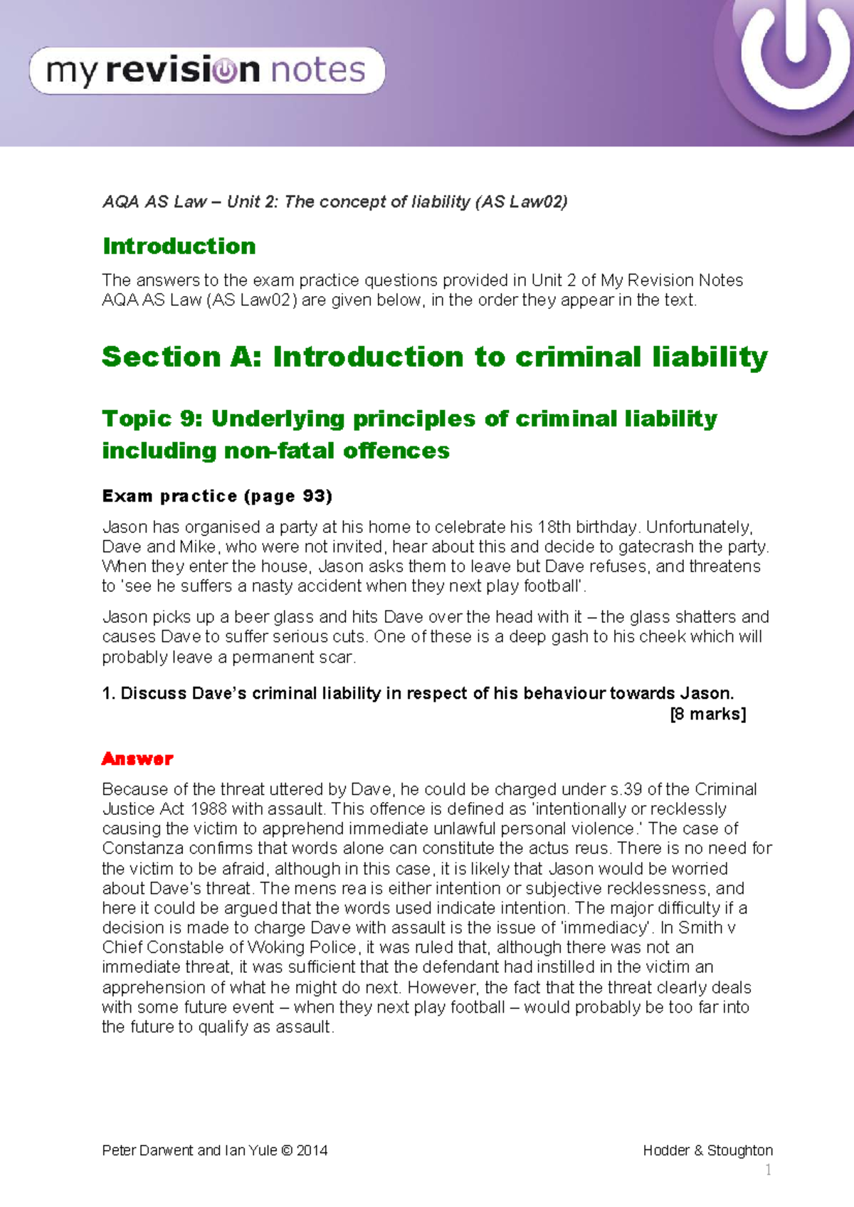 Exam Practice Answers for AQA AS Law Unit 2: Liability Concepts - Studocu
