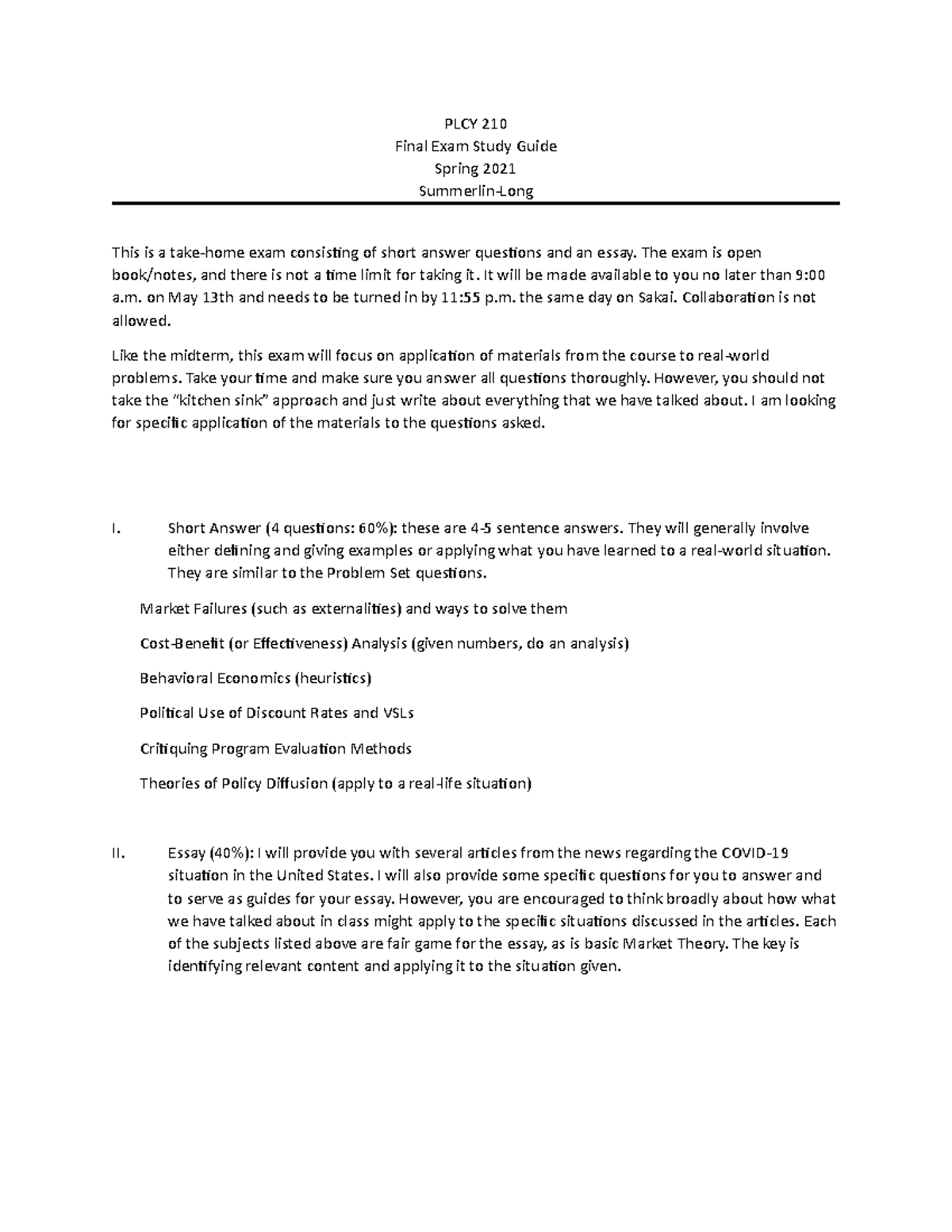 Final Exam Study Guide for PLCY 210 - Spring 2021 - Studocu