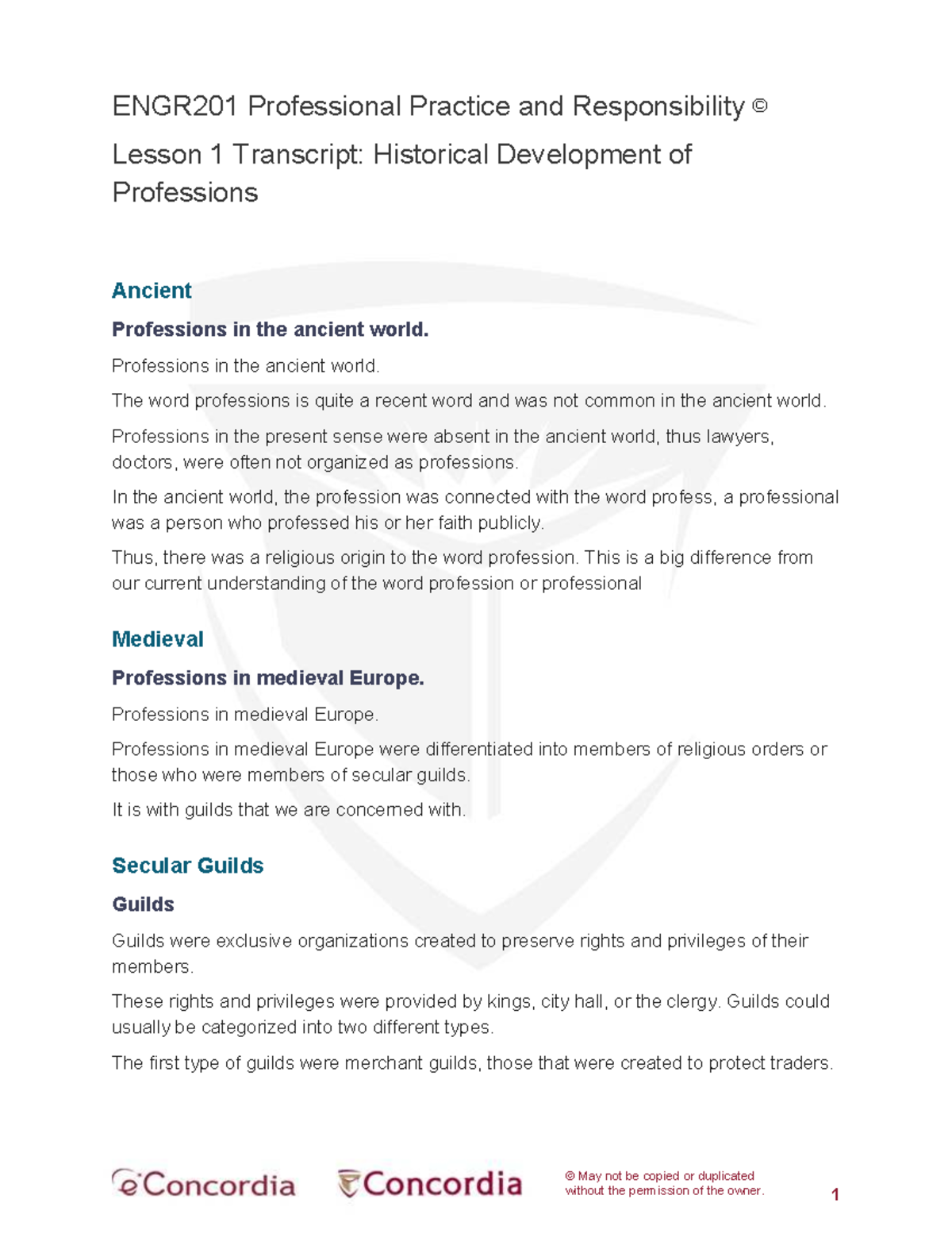 ENGR201 Professional Practice & Responsibility: Historical Professions Overview - Document Preview