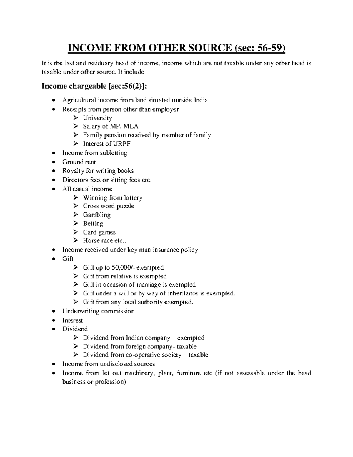 Income from Other Sources: A Comprehensive Overview (Sec: 56-59) - Studocu