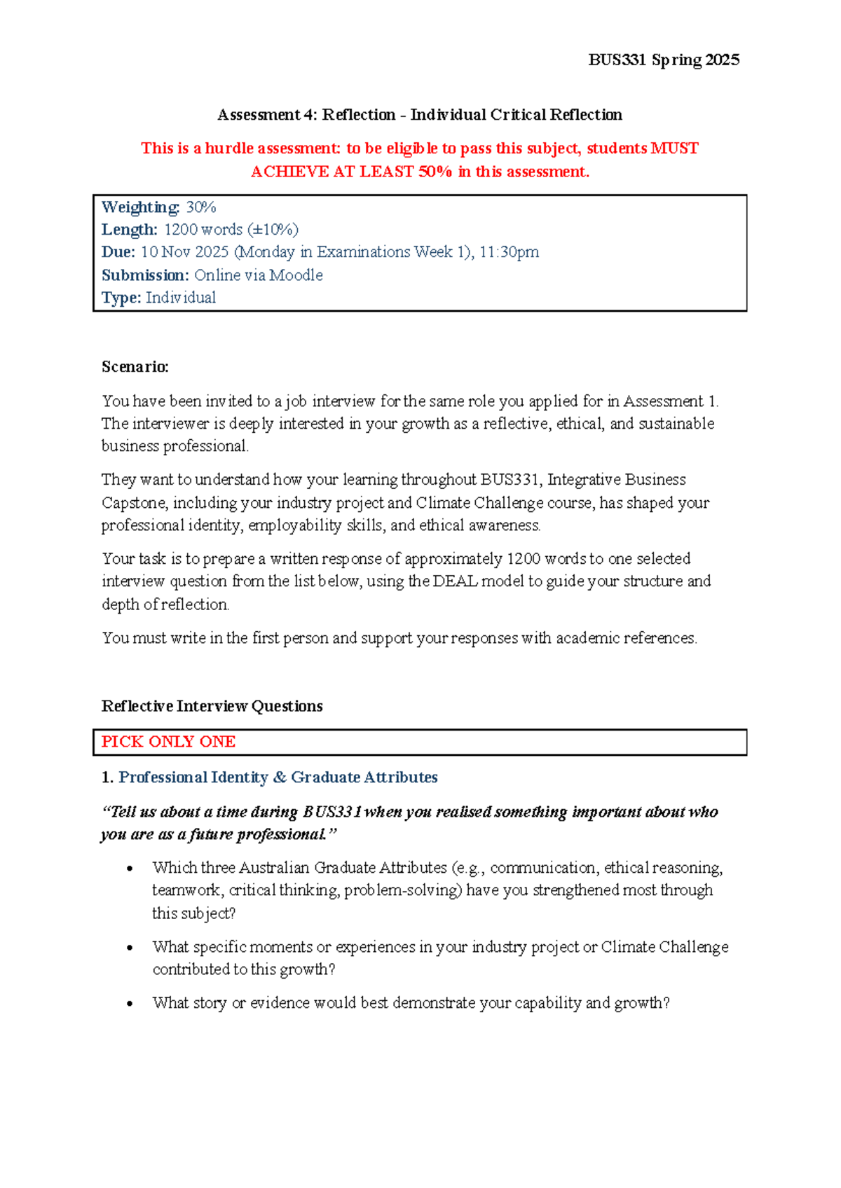 BUS331 Spring 2025 - Assessment 4: Individual Critical Reflection - Studocu