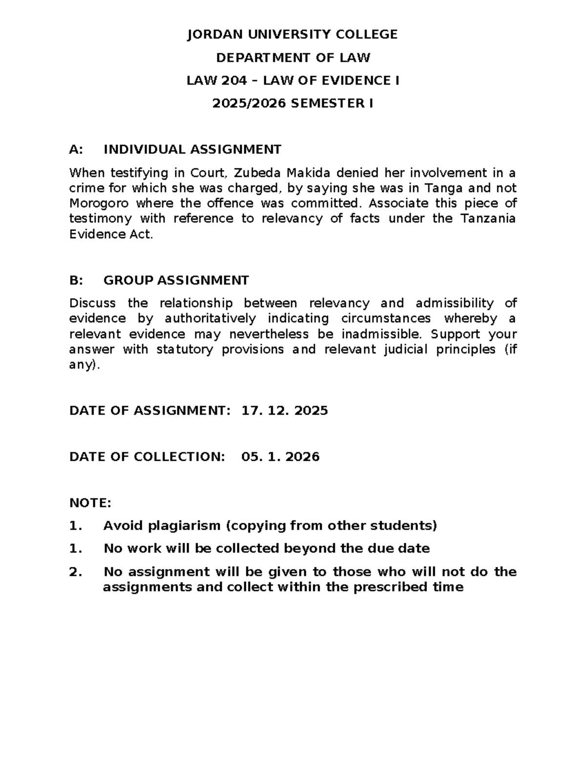 LAW 204 - Evidence I Assignments: Relevancy & Admissibility Analysis ...