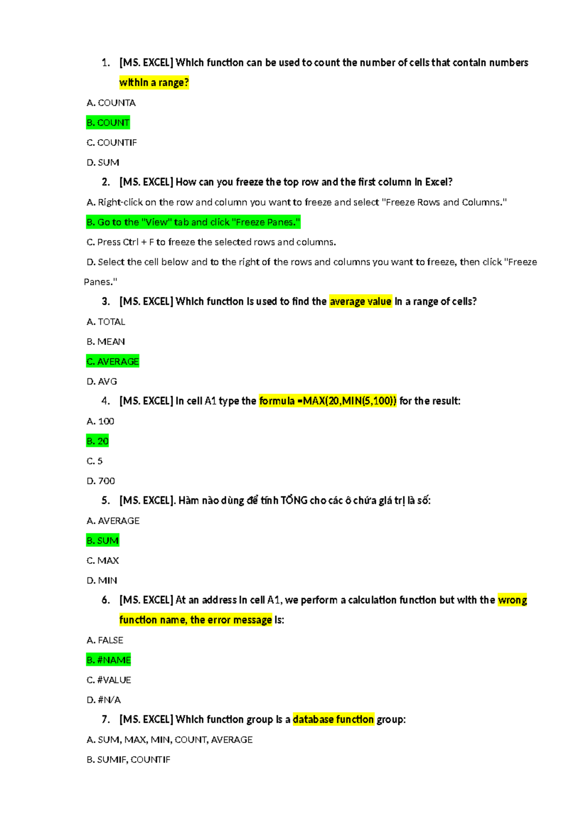 Final multichoice - [MS. EXCEL] Which function can be used to count the ...