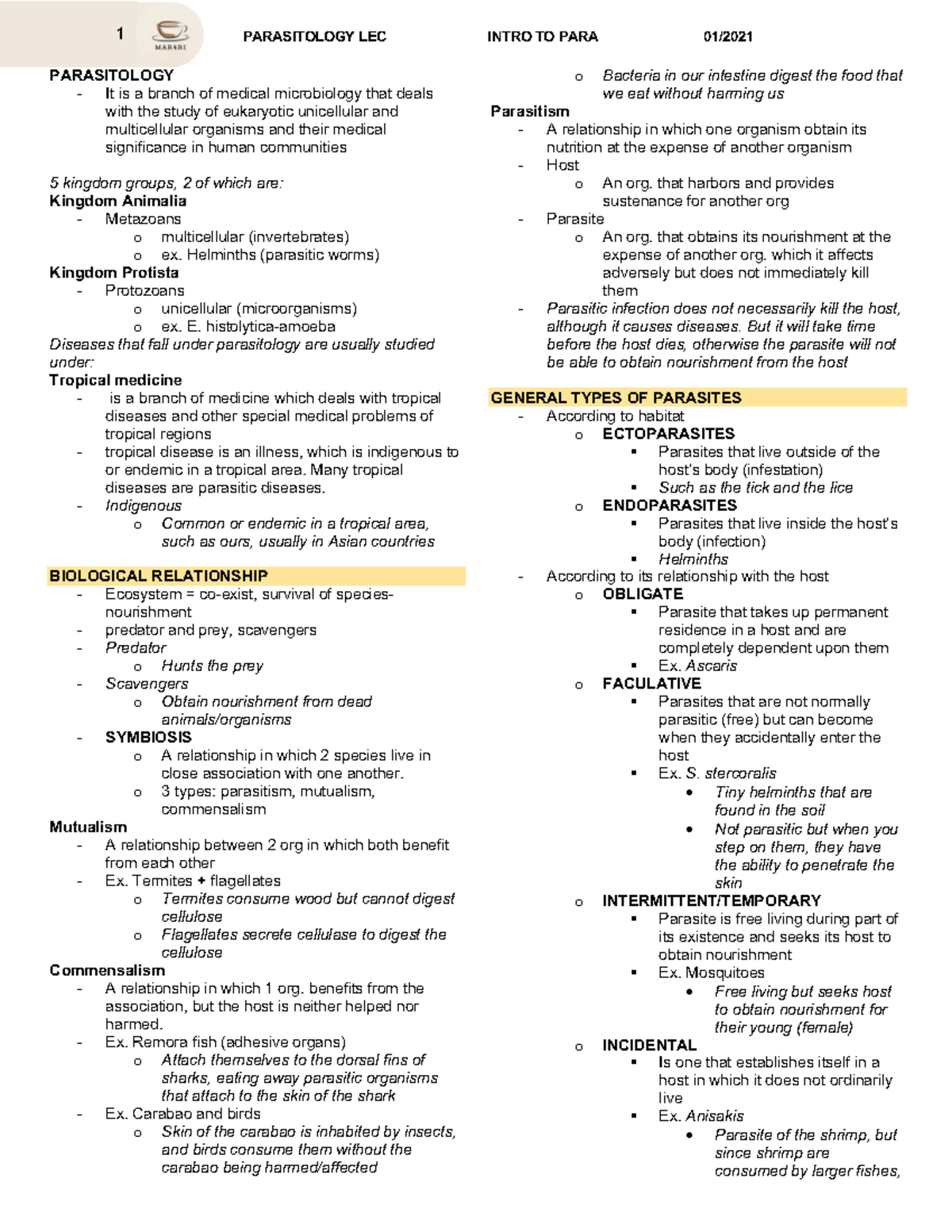 PARA LEC 1 - parasitology - PARASITOLOGY It is a branch of medical ...