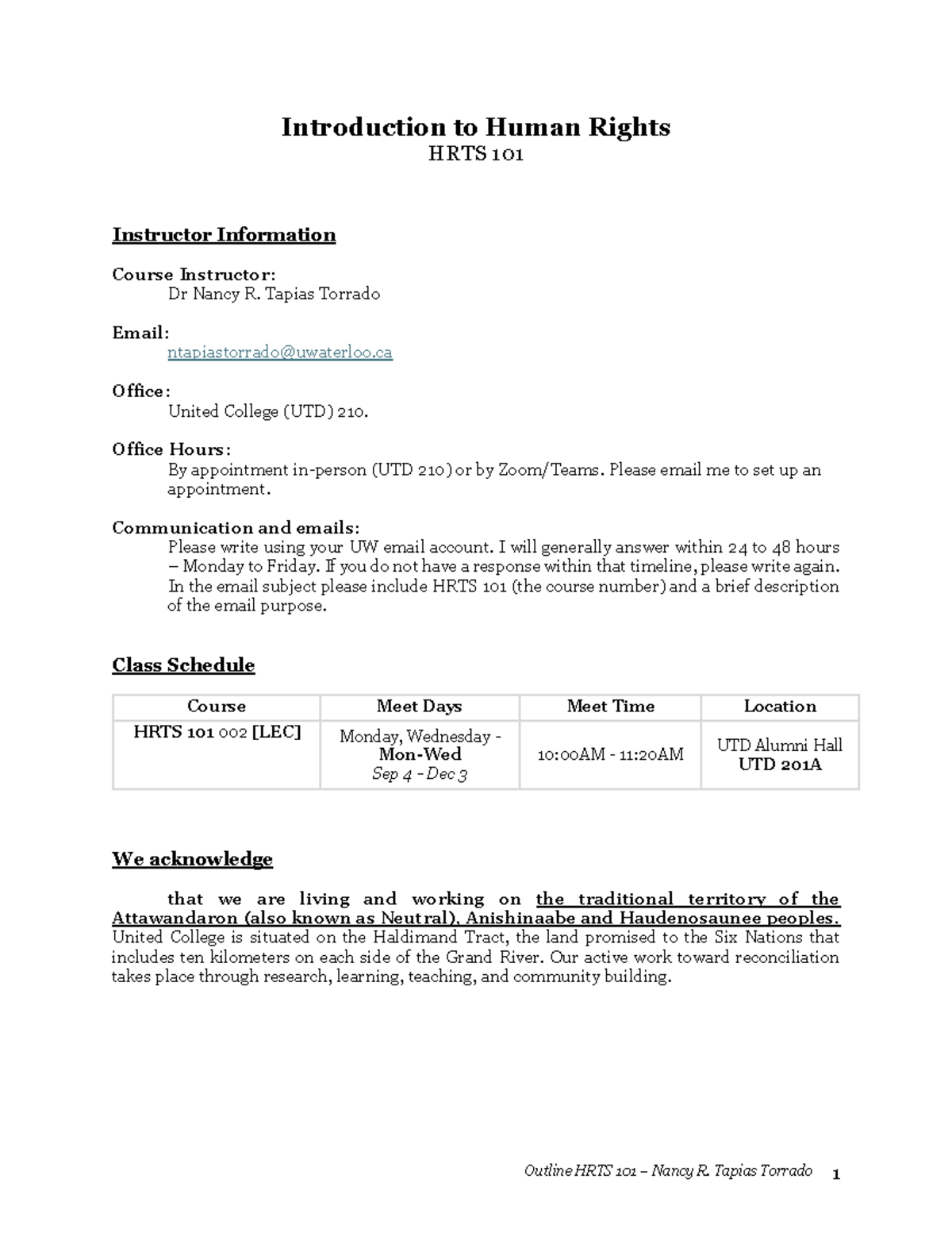 Outline HRTS 101 - Introduction to Human Rights - NTT - Introduction to ...