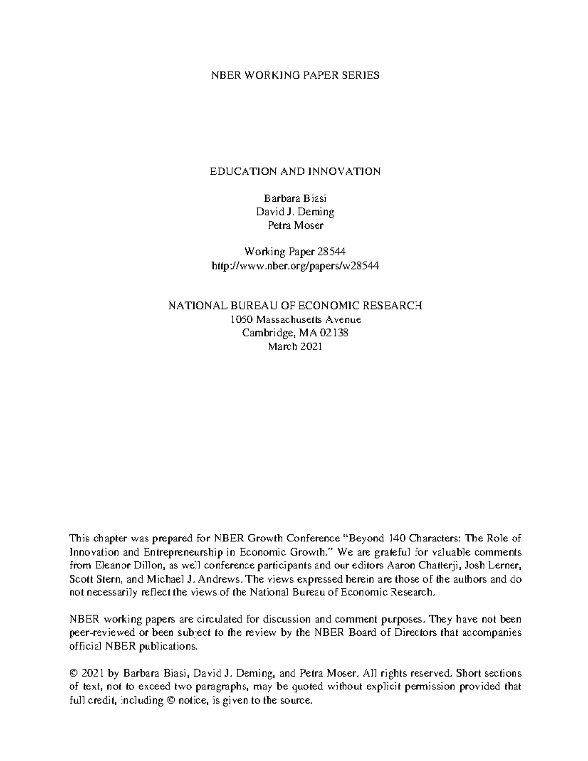 NBER Working Paper 28544: Education's Impact on Innovation and Growth ...