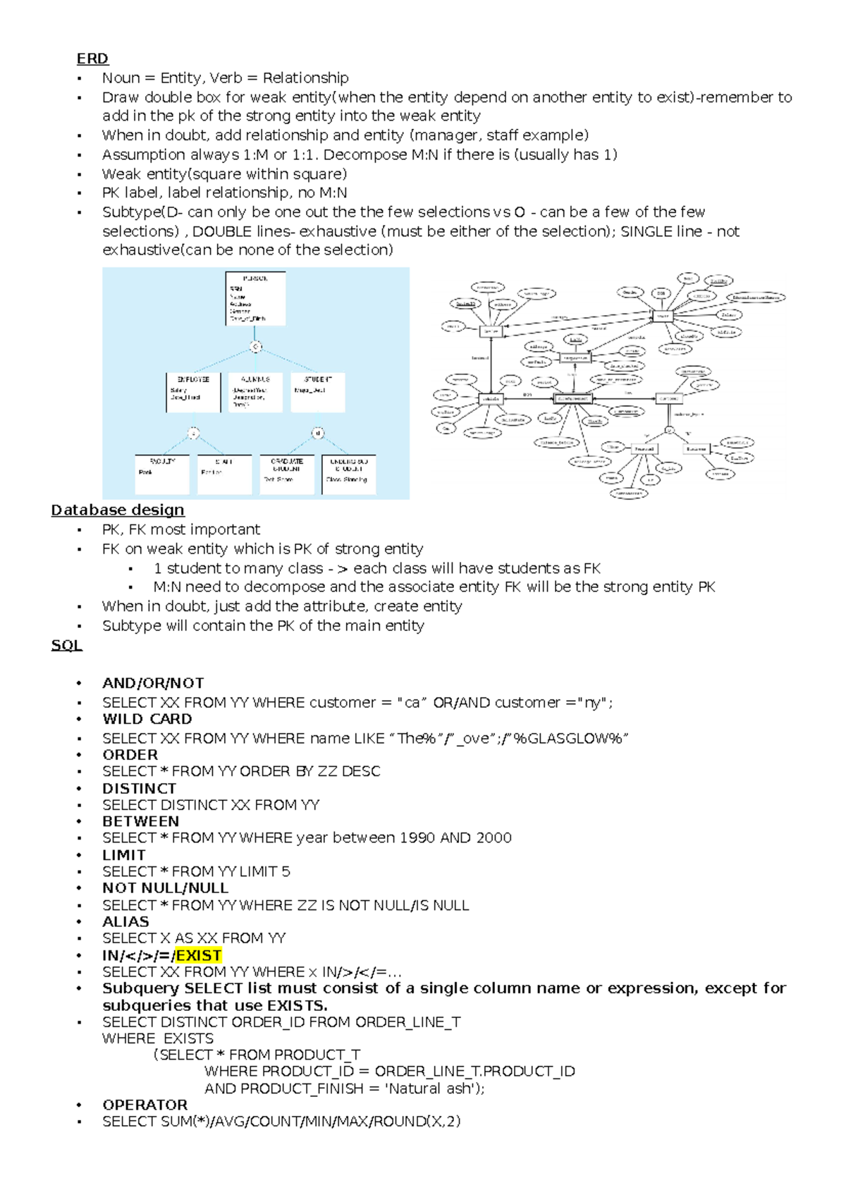 BC2402 Database Design & SQL Cheatsheet for Exam Preparation - Studocu