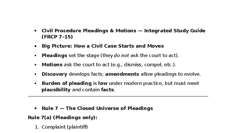 Civil Procedure (FRCP) Integrated Study Guide: Pleadings & Motions ...