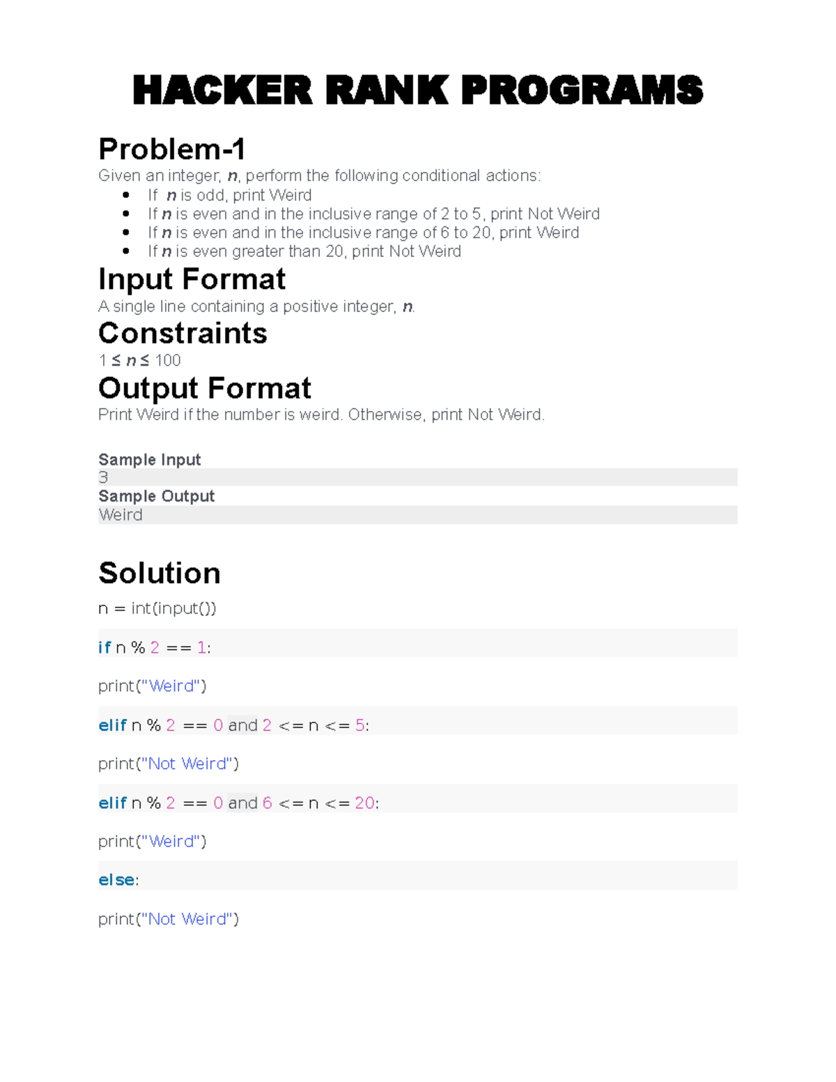 HACKER RANK - Program Solutions and Practice Problems - Studocu