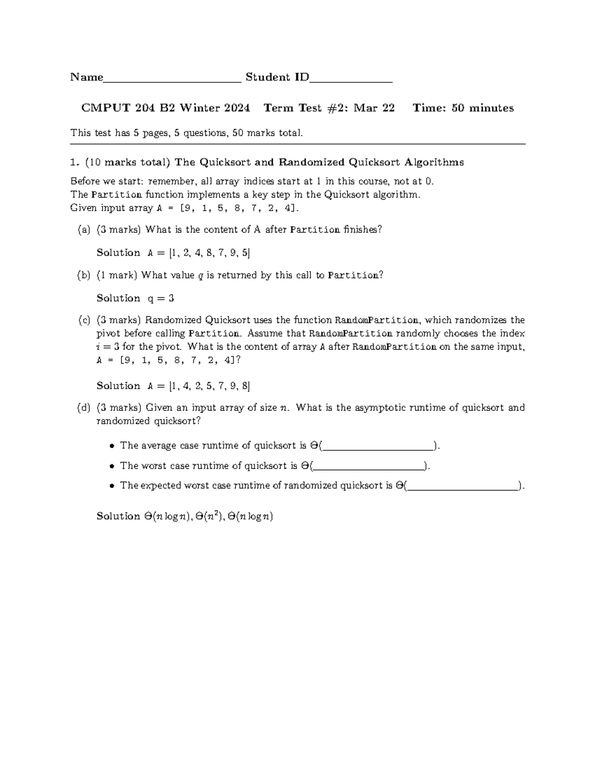CMPUT 204 B2 Winter 2024 Term Test 2 Solutions – Midterm Review - Studocu