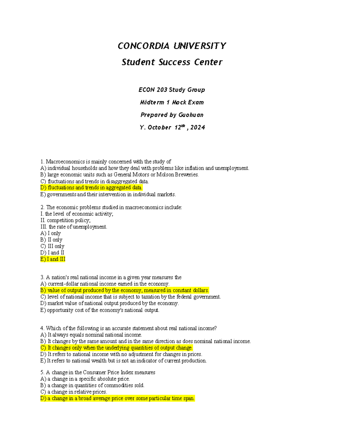 ECON 203 2024 Fall Midterm 1 Mock exam 40 questions - CONCORDIA ...
