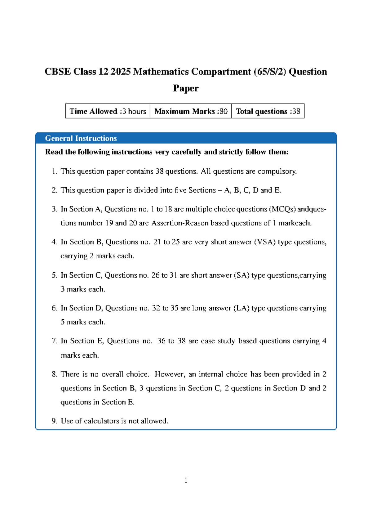 CBSE Class 12 Mathematics Compartment Question Paper 2025 - Studocu