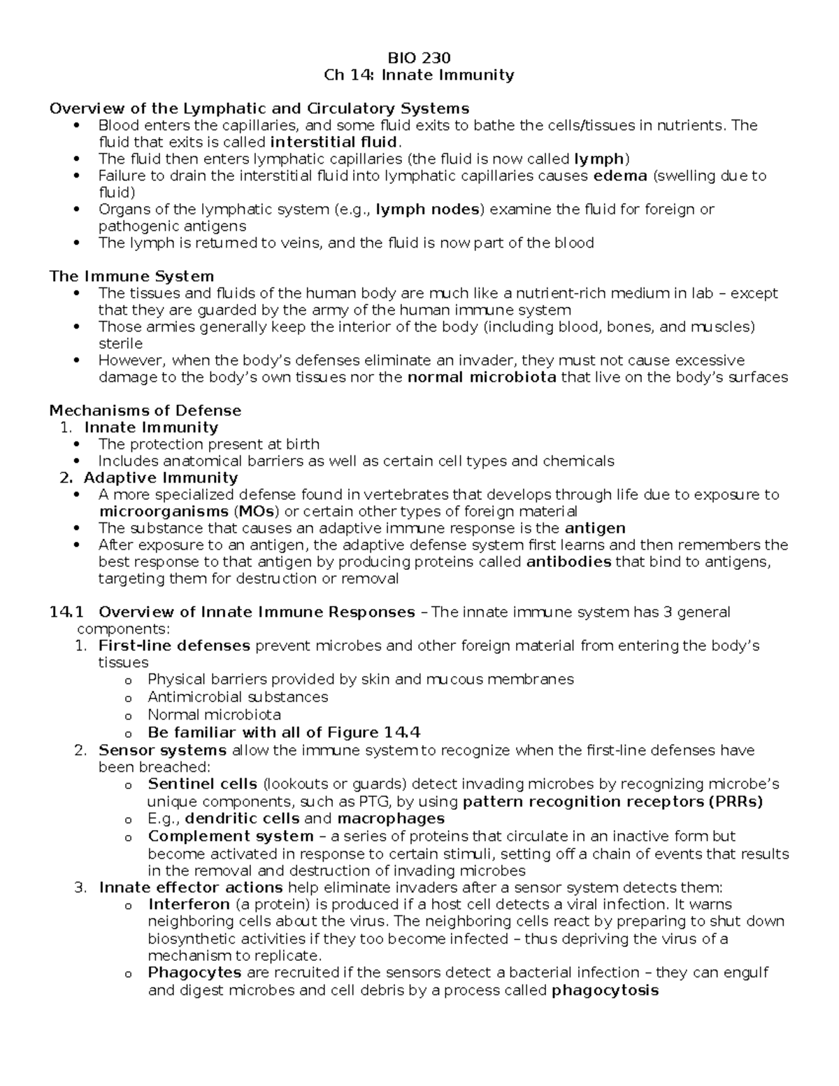 BIO 230 Chapter 14: Overview of Innate Immunity and Inflammatory ...