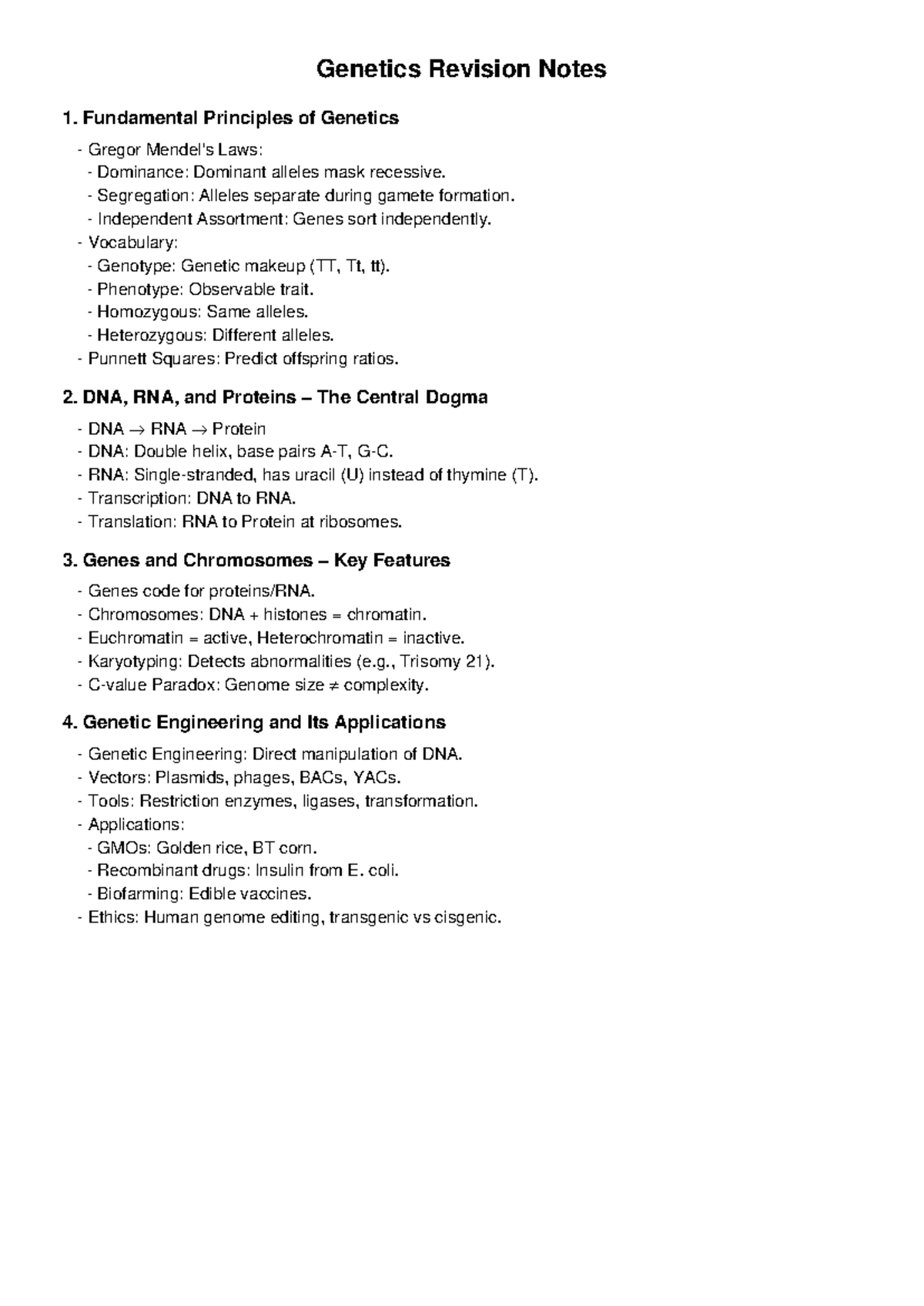 Genetics Revision Notes: Fundamental Principles & Applications - Studocu
