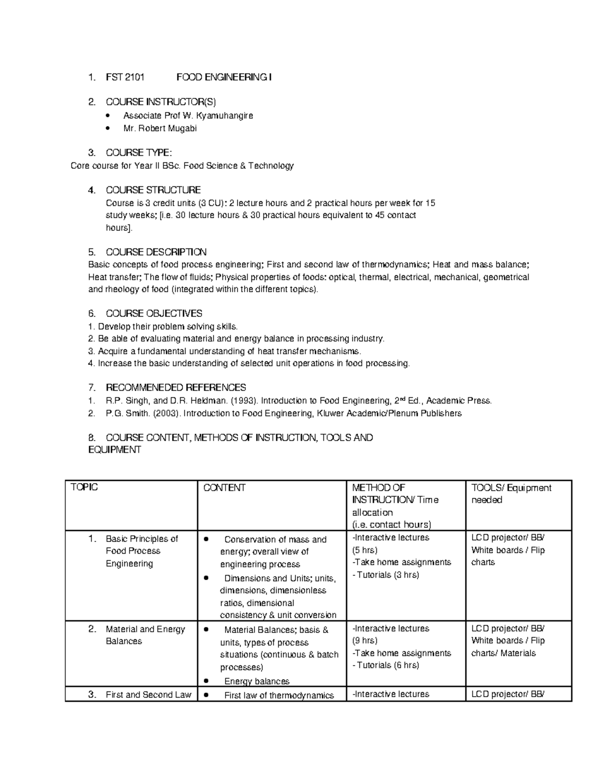 FST 2101 Food Engineering I Course Outline and Content Summary - Studocu