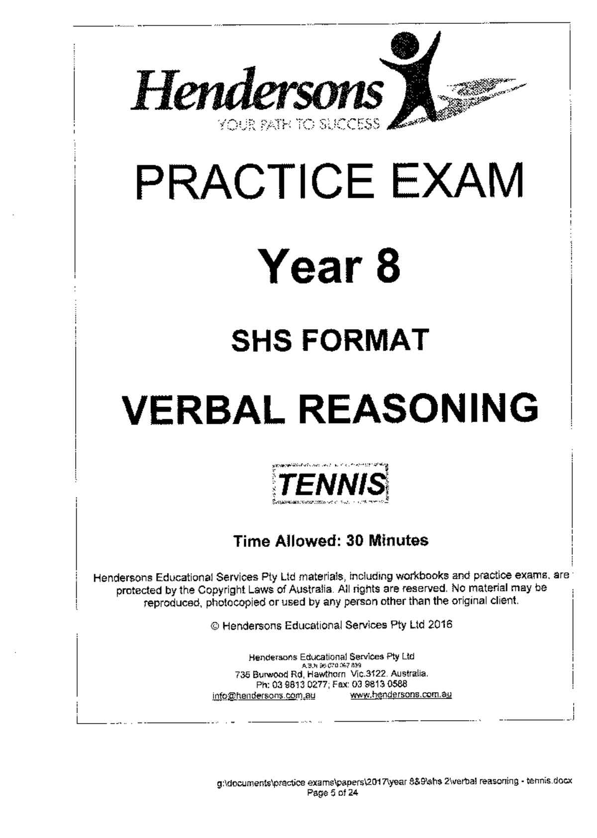 Hendersons Year 8 SHS Verbal Reasoning Practice Exam - Studocu