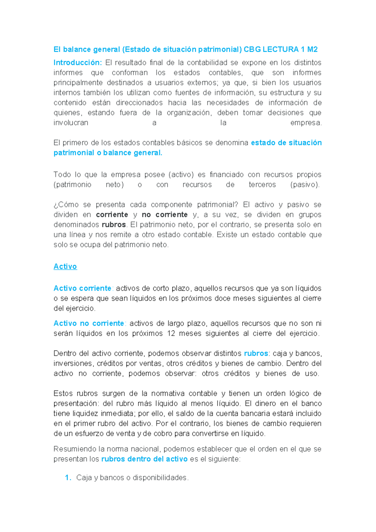 Balance General y Estado de Situación Patrimonial - CBG LECTURA 1 M2 ...