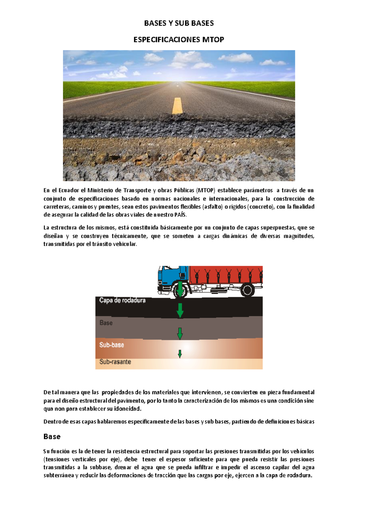 Especificaciones MTOP sobre Bases y Sub Bases en Pavimentos - Studocu