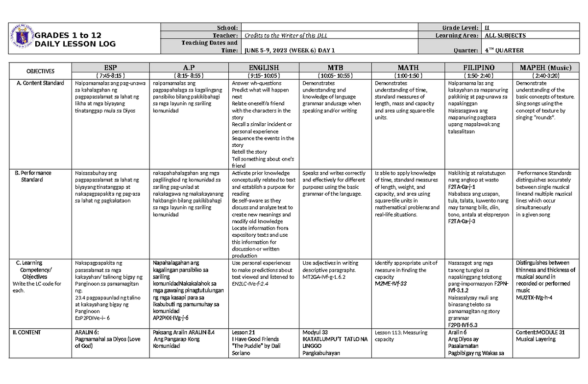 DLL ALL Subjects 2 Q4 W6 D1 - GRADES 1 to 12 DAILY LESSON LOG School ...