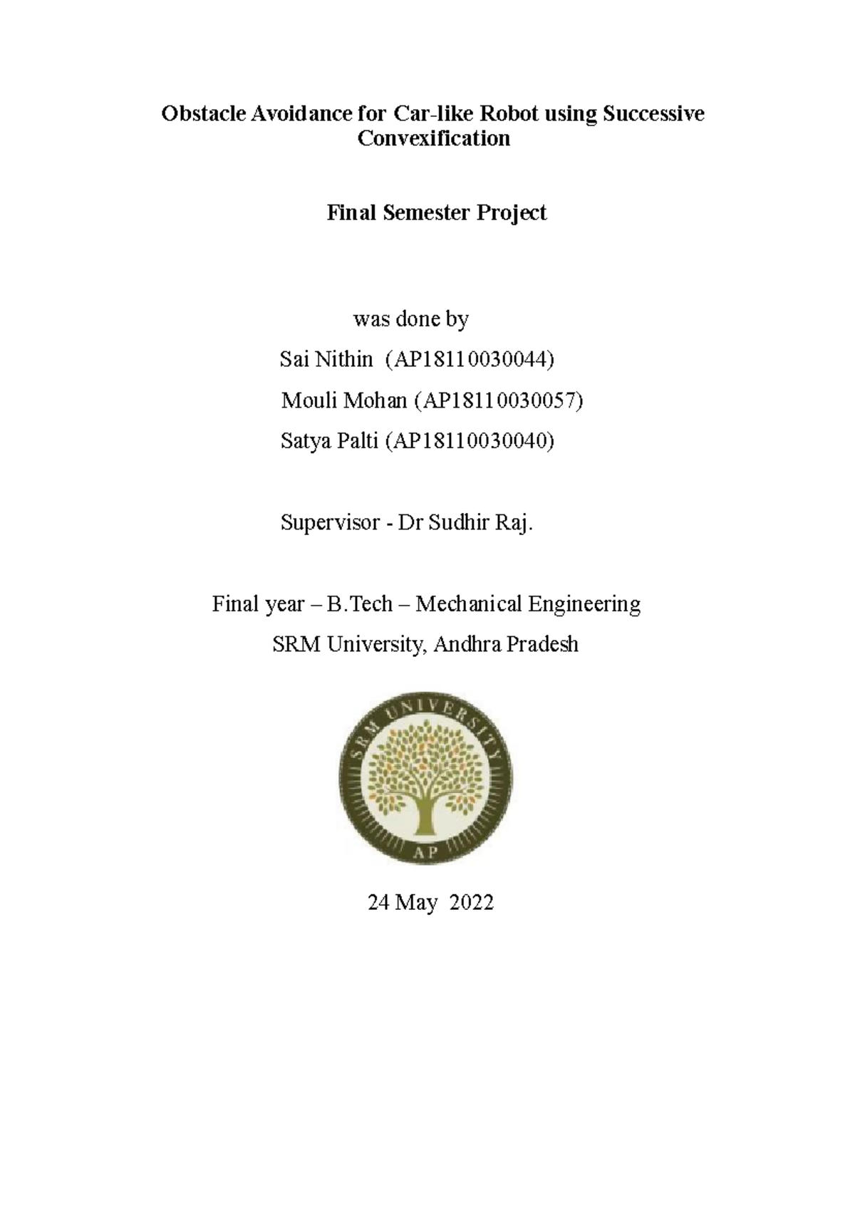 B.Tech Project Report on Obstacle Avoidance Using Successive ...