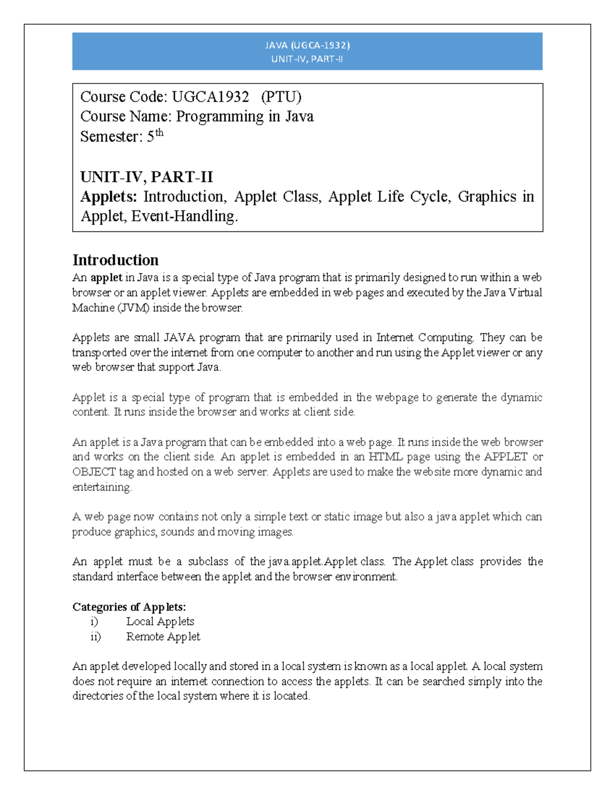 JAVA Course Code: UGCA1932 (PTU) Applets and Event Handling Overview ...