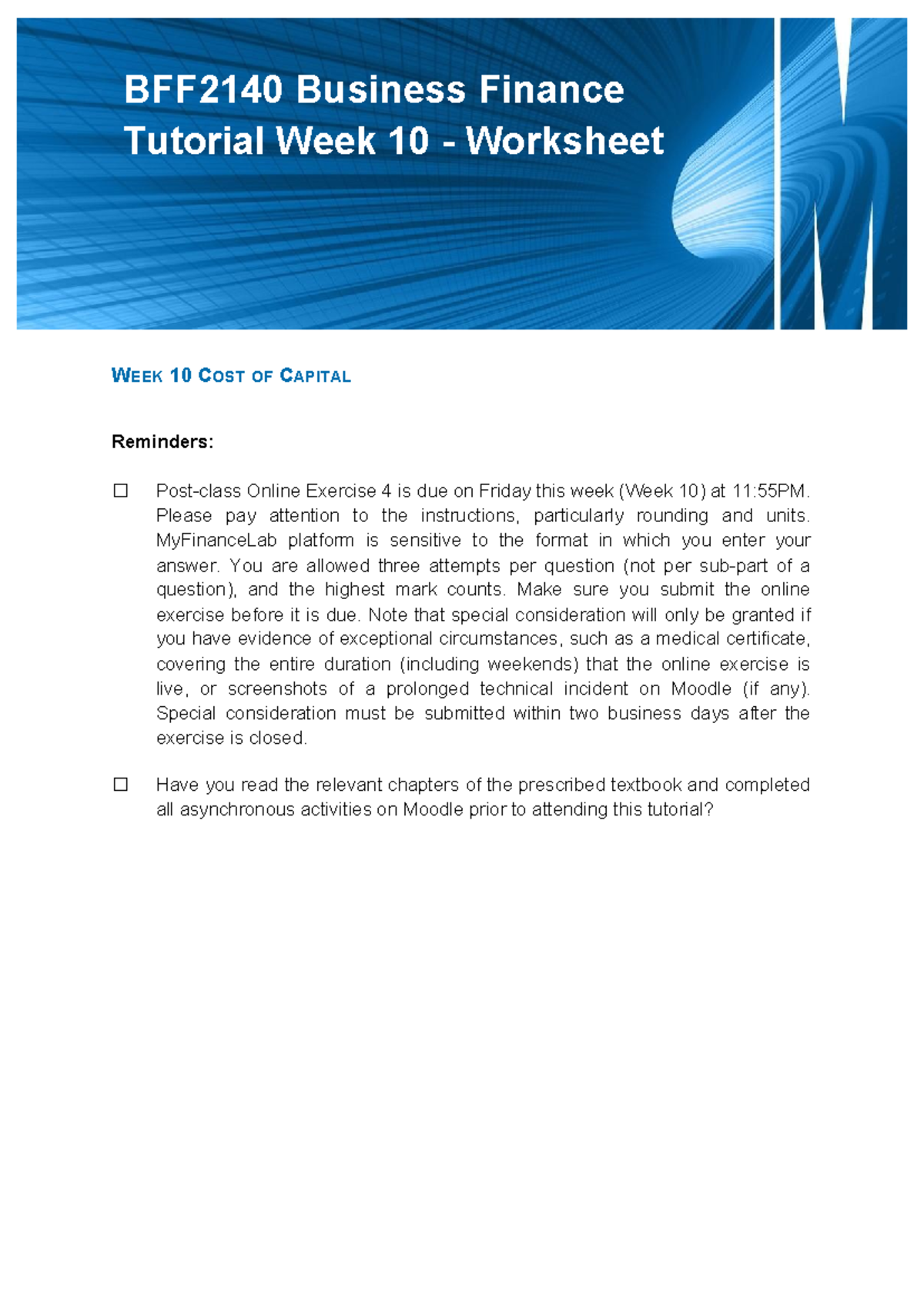 BFF2140 Week 10 Tutorial Worksheet: Cost of Capital Concepts ...