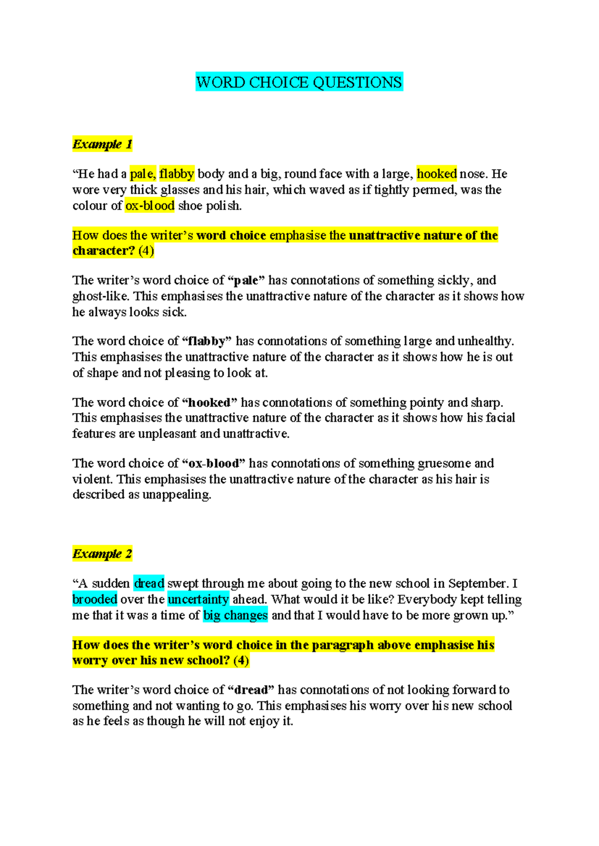 H ENG Word Choice Questions Analysis and Examples - Studocu
