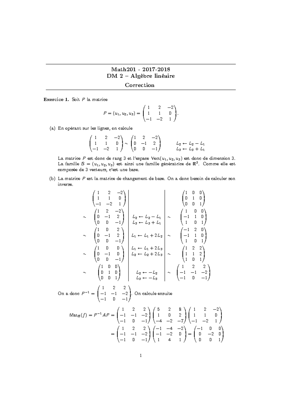 DM numero 2 correction - Math201 - 2017- DM 2 – Algèbre linéaire ...