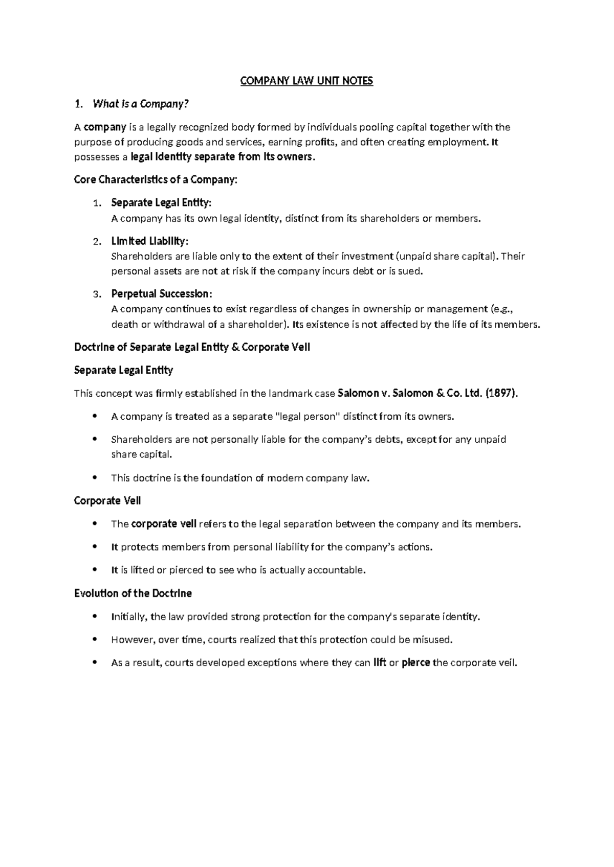COMPANY LAW UNIT NOTES: Key Concepts and Doctrines Explained - Studocu