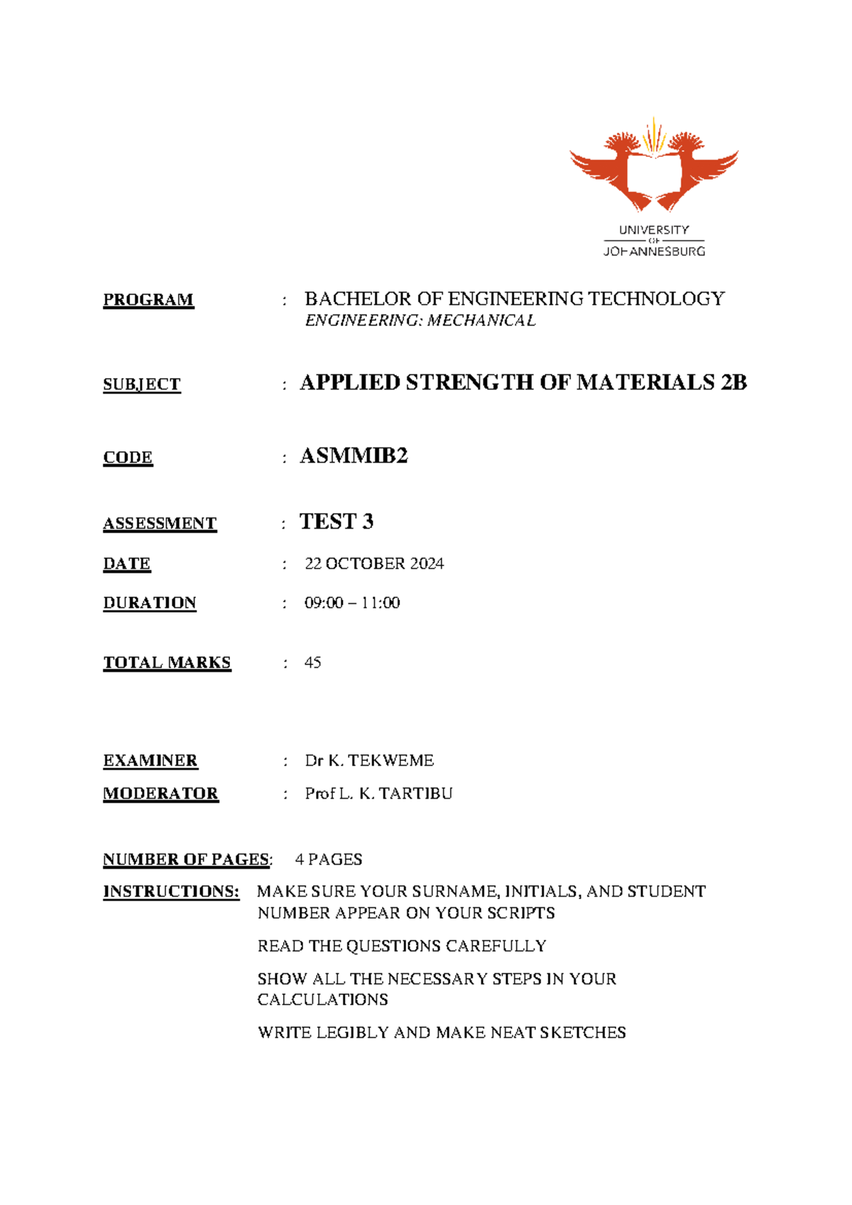 Test 3: Applied Strength of Materials 2B (ASMMIB2) - 22 Oct 2024 - Studocu