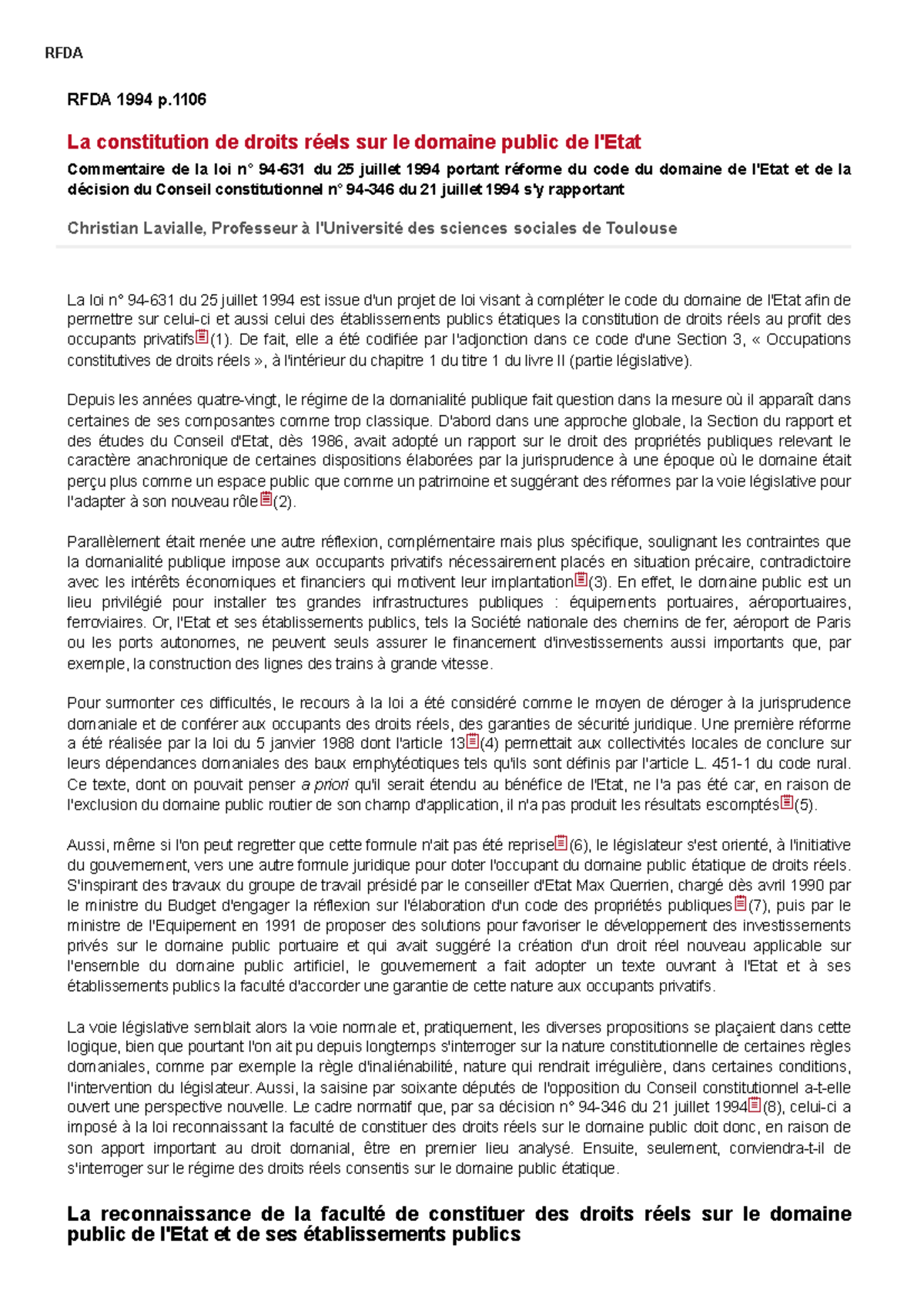 RFDA 1994 - Droit Public : La Constitution de Droits Réels sur le ...