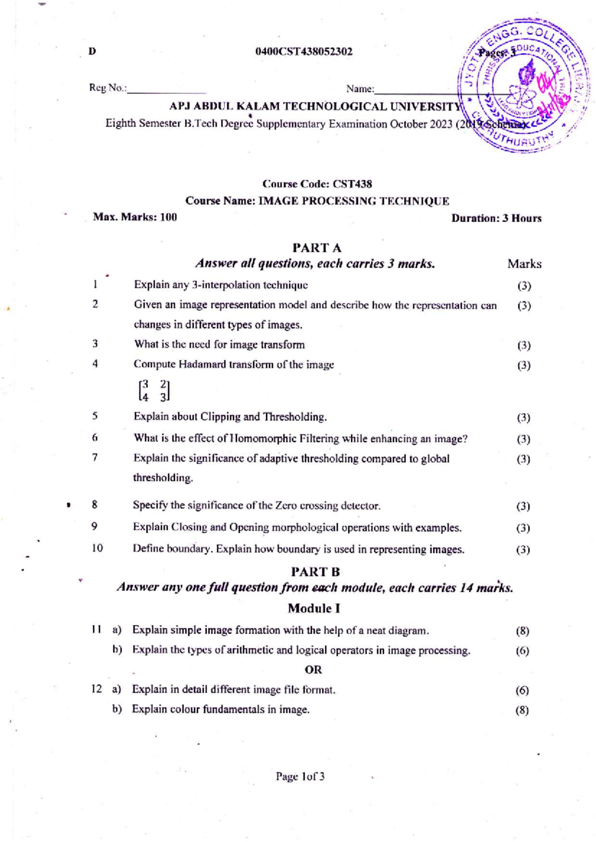 CST438 Image Processing Techniques - B.Tech 8th Sem Supplementary Exam ...