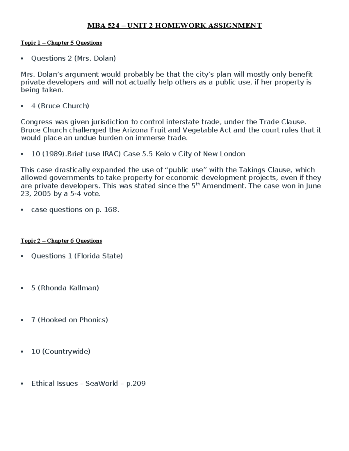MBA 524 - Unit 2 Homework Assignment Sean Hunt (Autosaved) - MBA 524 ...
