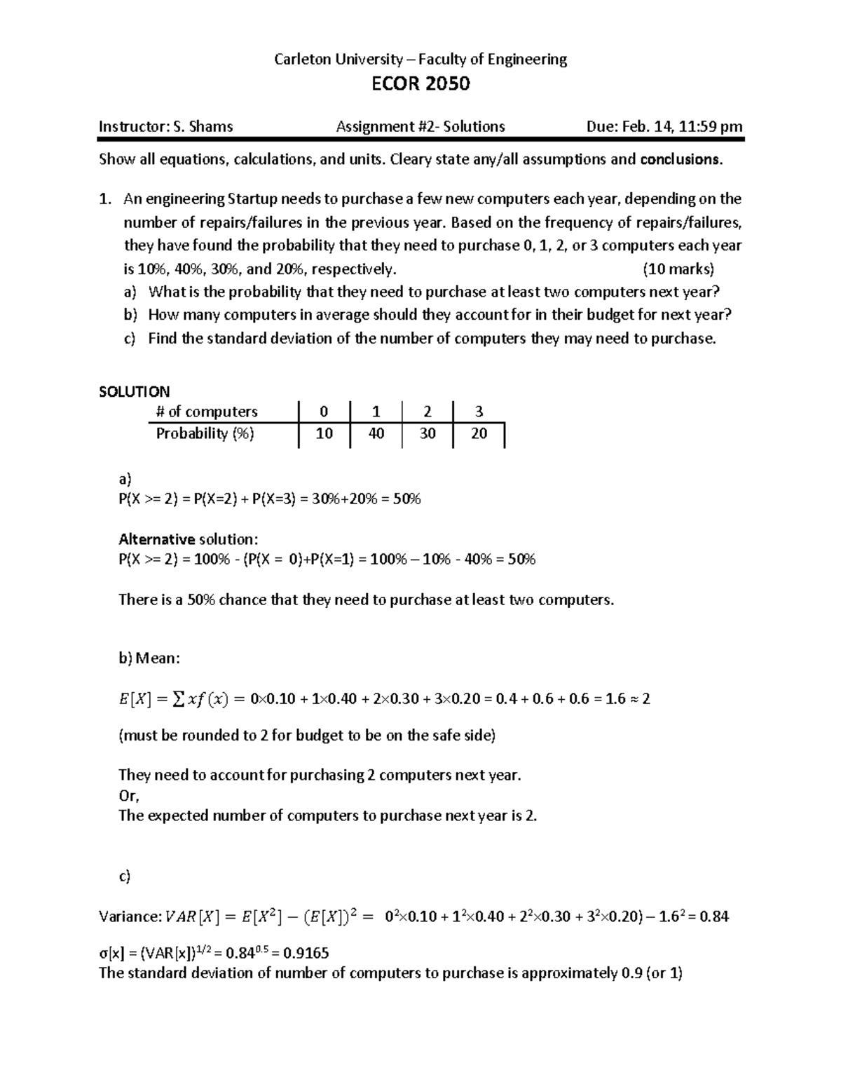 W25 - ECOR2050 - Assignment 2 - Detailed Solutions and Analysis - Studocu