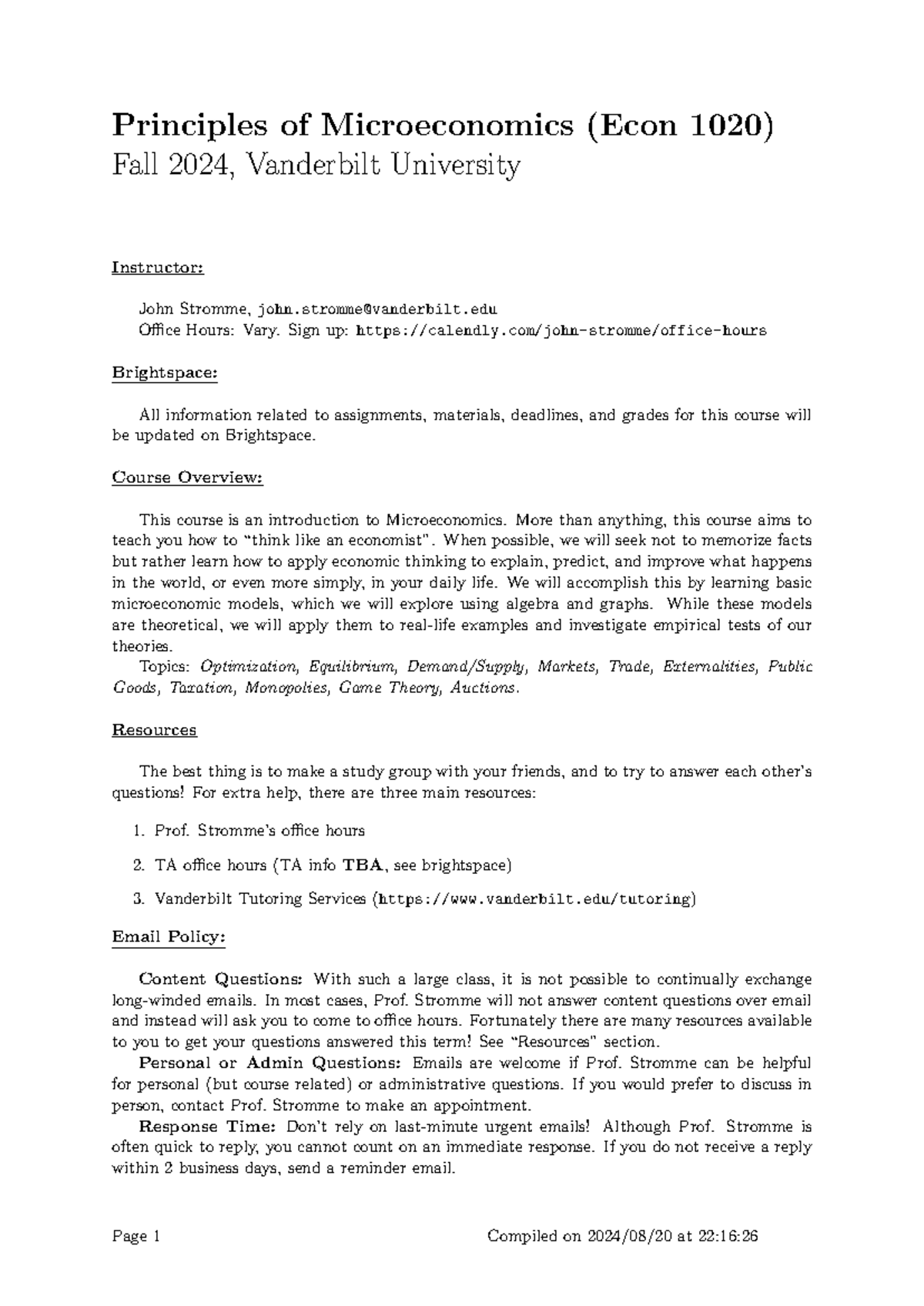Econ 1020 Microeconomics Syllabus - Fall 2024 Overview and Policies ...