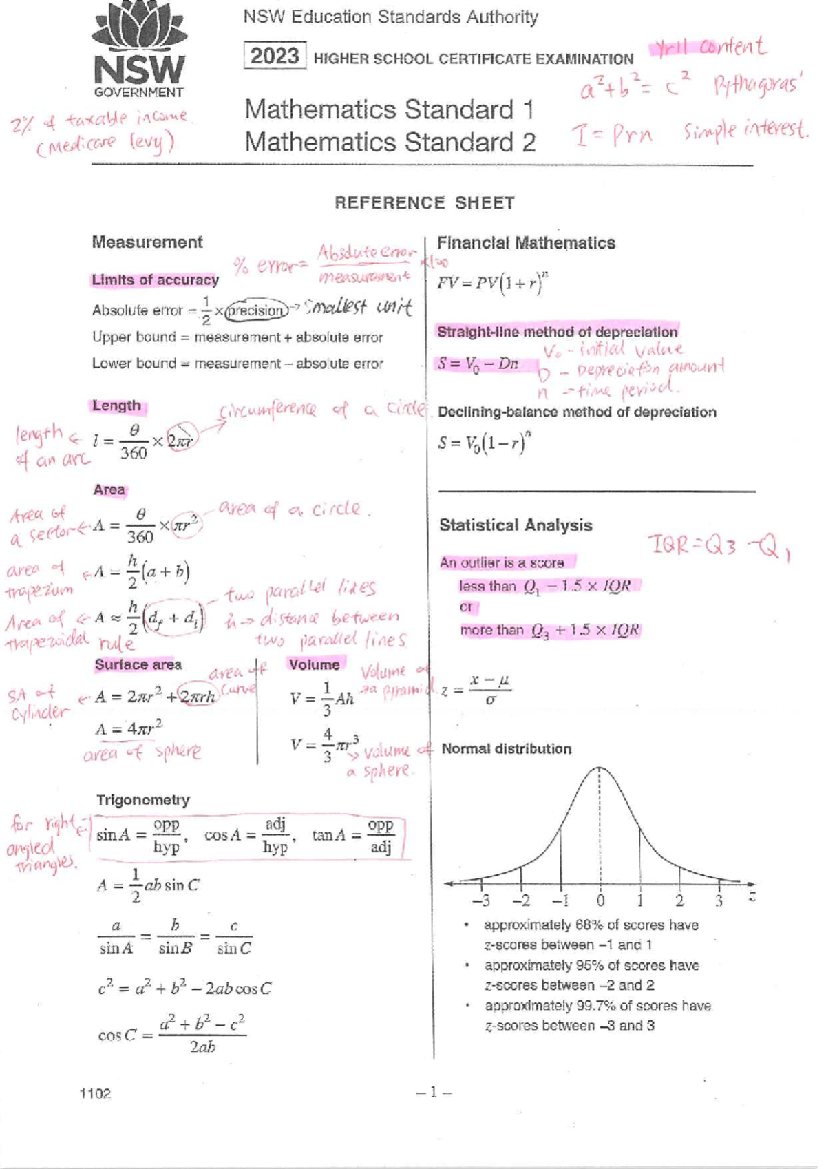 NSW HSC 2023 Mathematics Standard 1 & 2 Formulae Sheet - Studocu